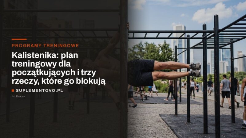 Mężczyzna wykonuje flagę na pionowym słupie w miejskim parku do street workoutu, w tle drążki i drabinki