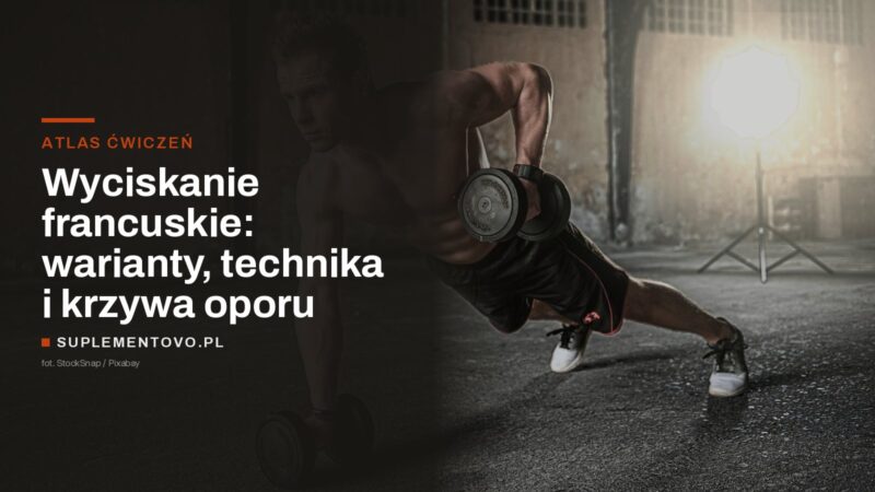Mężczyzna w podporze na hantlach podczas treningu ramion na siłowni